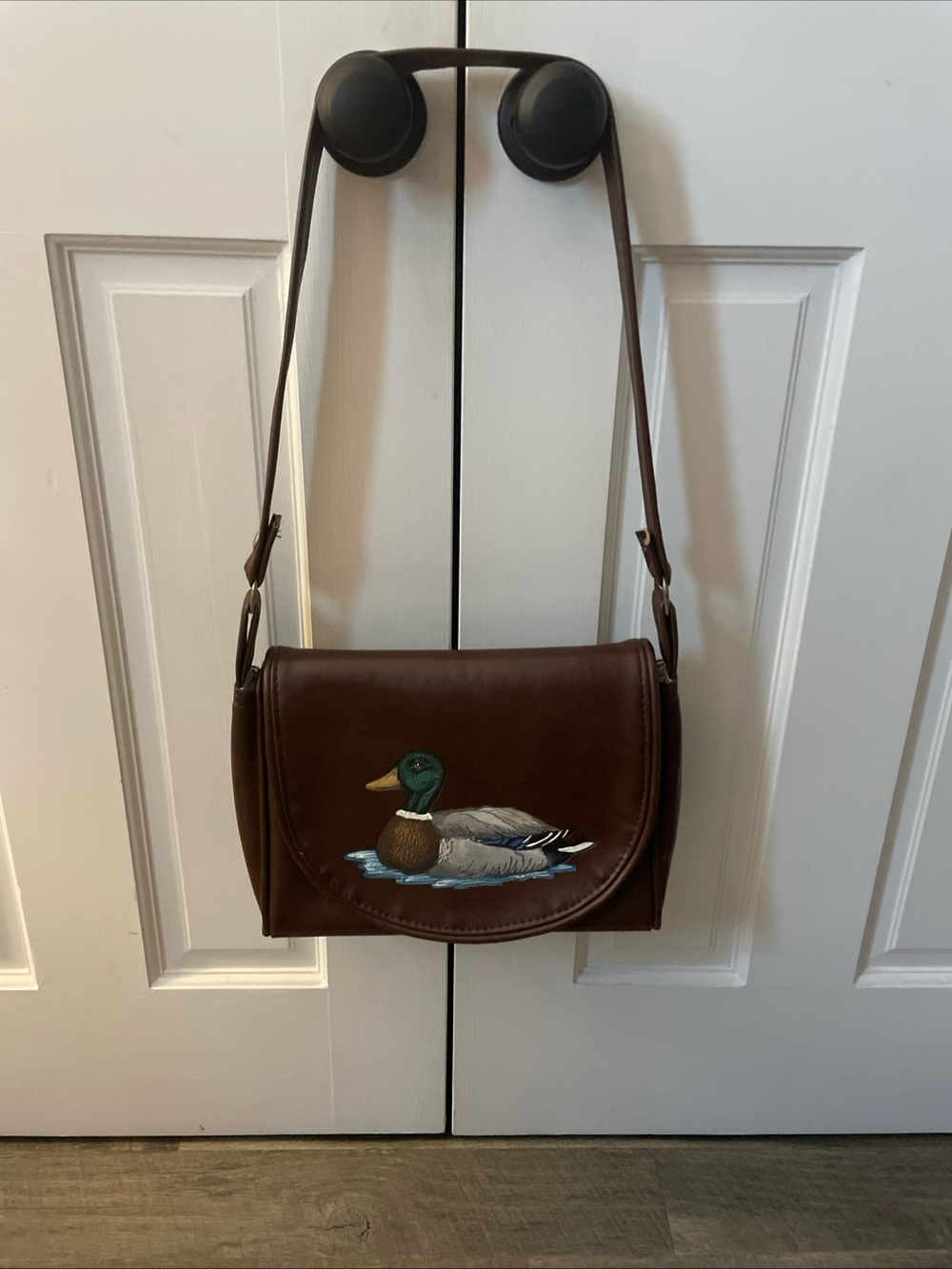 Vintage Handcrafted Brown Leather Crossbody Purse With Mallard Design